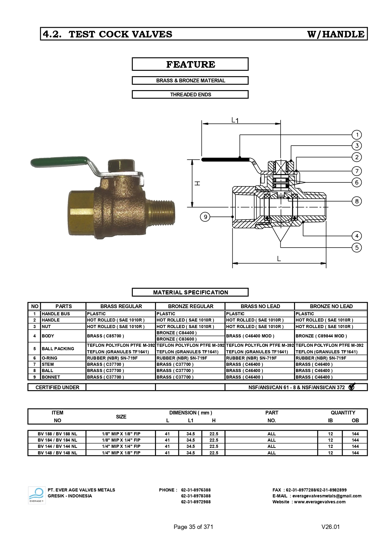 TEST COCK VALVES - BV 188 - BV 148
